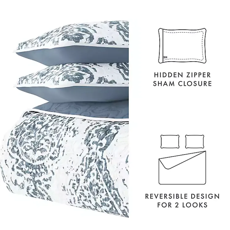 Kirklands Home Quilts|Blue Damask Reversible 3-pc. Queen Quilt Set