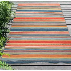 Kirklands Home Outdoor Rugs|Blue Dhurri Stripe Indoor/Outdoor Area Rug, 7x9