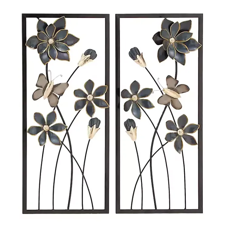 Kirklands Home Wall Plaques|Blue Floral and Butterfly Wall Plaques, Set of 2
