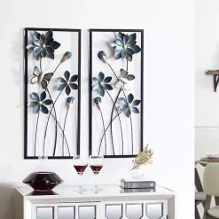 Kirklands Home Wall Plaques|Blue Floral and Butterfly Wall Plaques, Set of 2