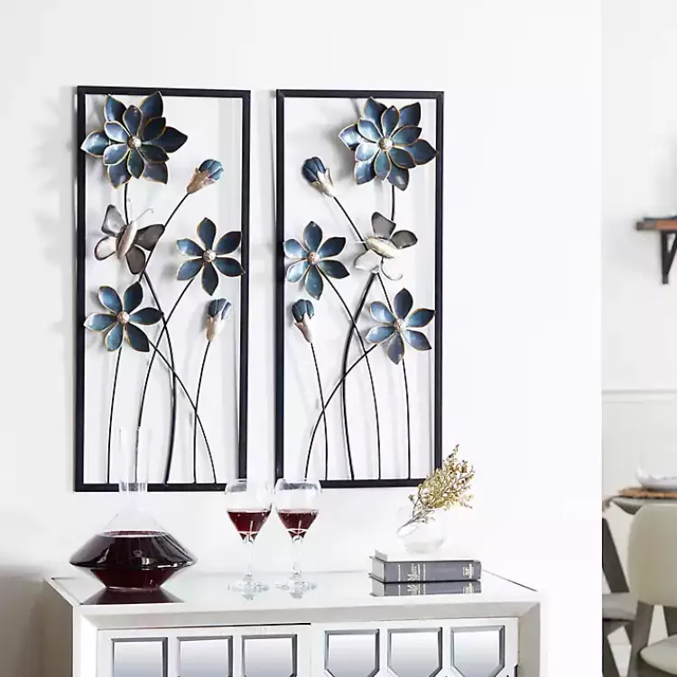 Kirklands Home Wall Plaques|Blue Floral and Butterfly Wall Plaques, Set of 2