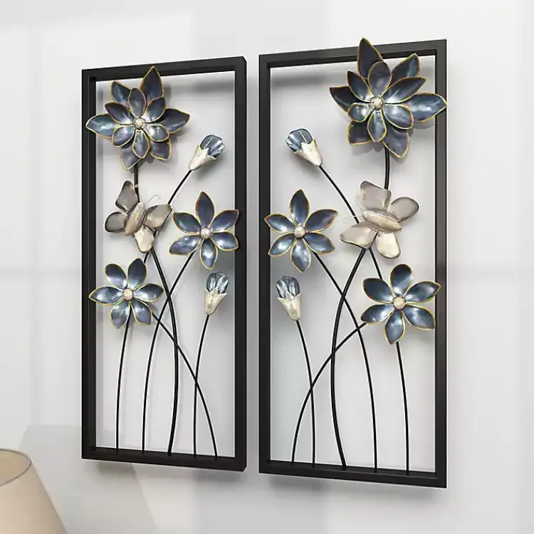 Kirklands Home Wall Plaques|Blue Floral and Butterfly Wall Plaques, Set of 2