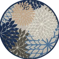 Kirklands Home Outdoor Rugs|Blue Floral Burst Round Outdoor Area Rug, 7x7