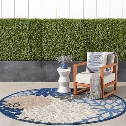 Kirklands Home Outdoor Rugs|Blue Floral Burst Round Outdoor Area Rug, 7x7