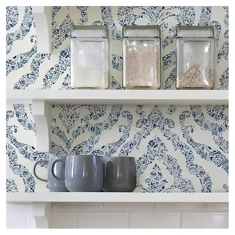 Kirklands Home Wall Murals & Wallpaper|Floral Damask Pattern Peel & Stick Wallpaper Blue