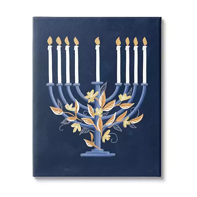 Blue Floral Menorah Canvas Art Print Hanukkah Decorations