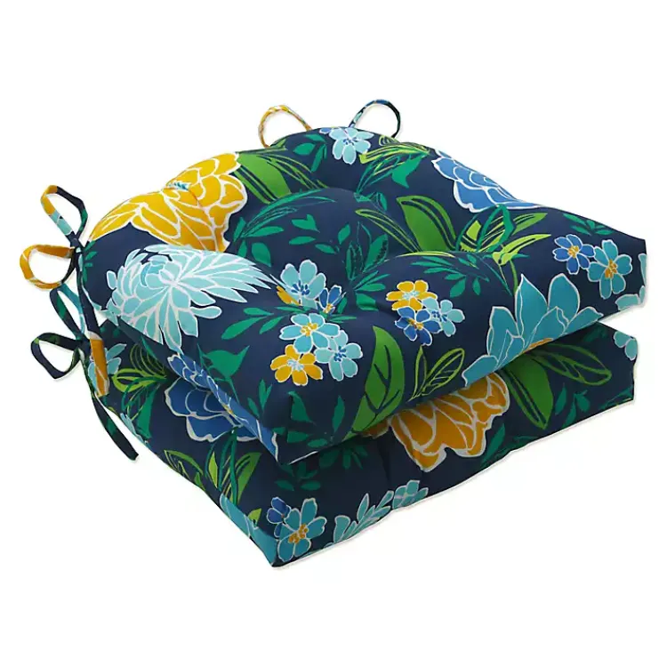 Kirklands Home Outdoor Cushions & Pillows|Blue Floral Tufted Outdoor Seat Cushions, Set of 2