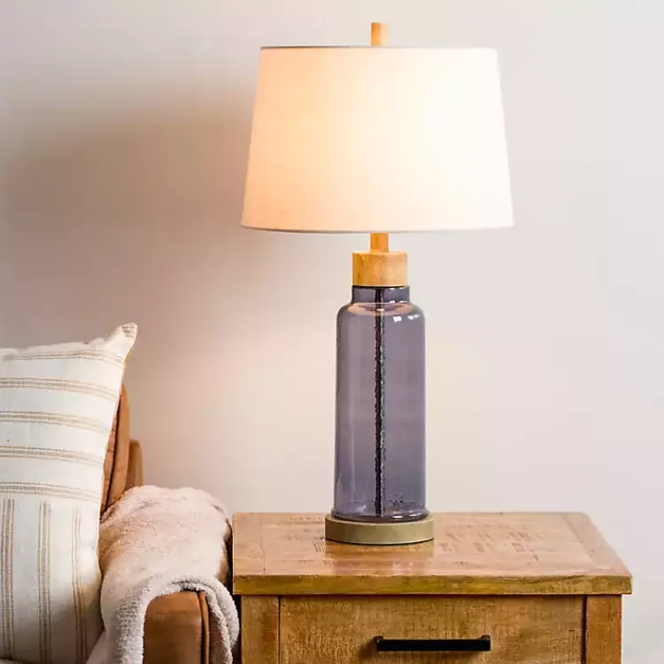 Kirklands Home Table Lamps|Blue Glass with Wood Trim Table Lamp Ivory