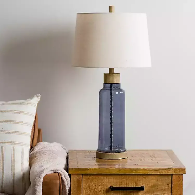 Kirklands Home Table Lamps|Blue Glass with Wood Trim Table Lamp Ivory