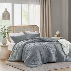 Kirklands Home Comforters|Gray Pleated Grid 3-pc. Queen Comforter Set Blue