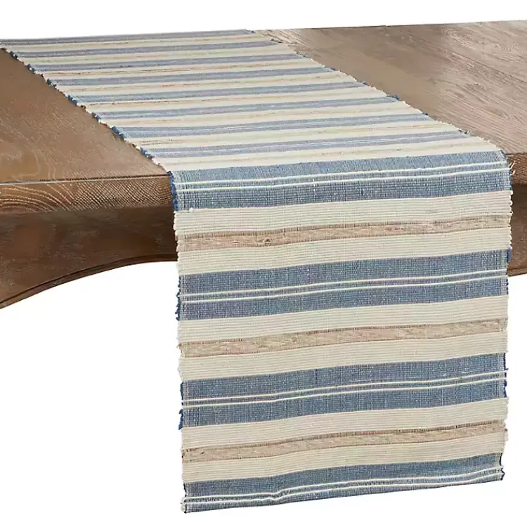 Kirklands Home Table Linens|Blue Long Striped Water Hyacinth Table Runner