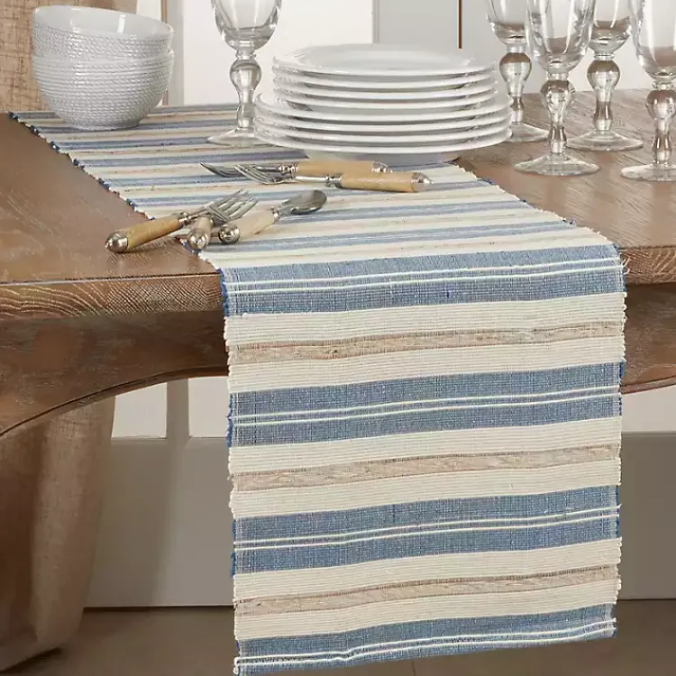 Kirklands Home Table Linens|Blue Long Striped Water Hyacinth Table Runner