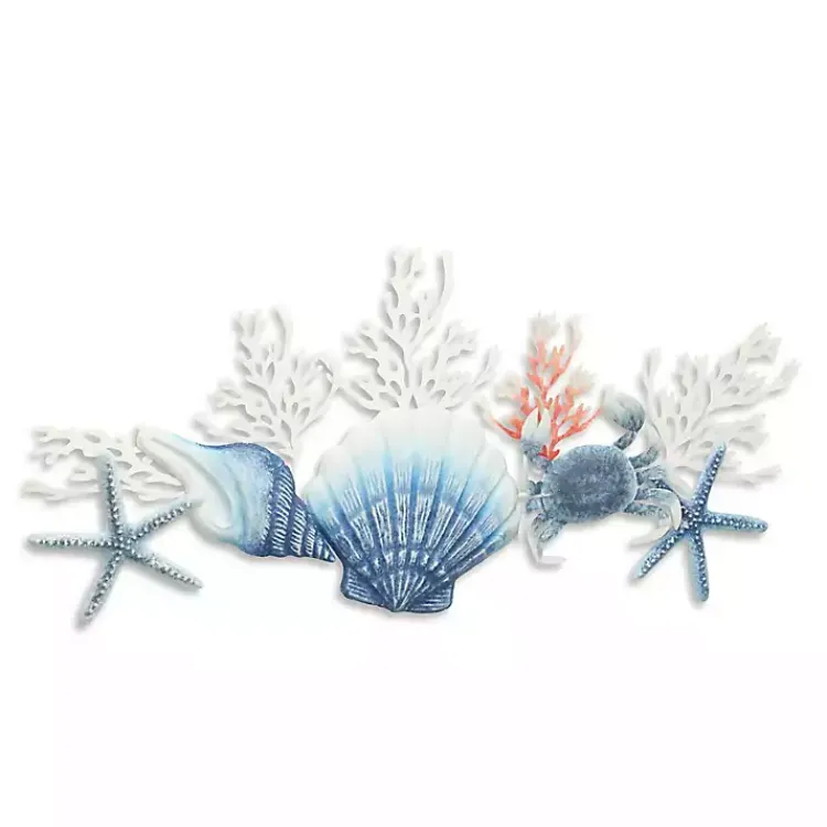 Kirklands Home Wall Plaques|Blue Metal Coral and Shell Wall Plaque