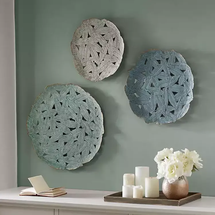 Kirklands Home Wall Plaques|Metal Feather Round Wall Plaques, Set of 3 Blue