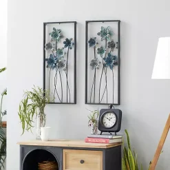 Kirklands Home Wall Plaques|Metal Floral Panel Wall Plaques, Set of 2 Blue