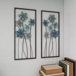 Kirklands Home Wall Plaques|Metal Floral Panel Wall Plaques, Set of 2 Blue