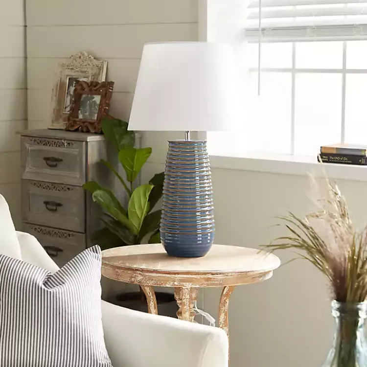 Kirklands Home Table Lamps|Blue Ribbed Stoneware Table Lamp White