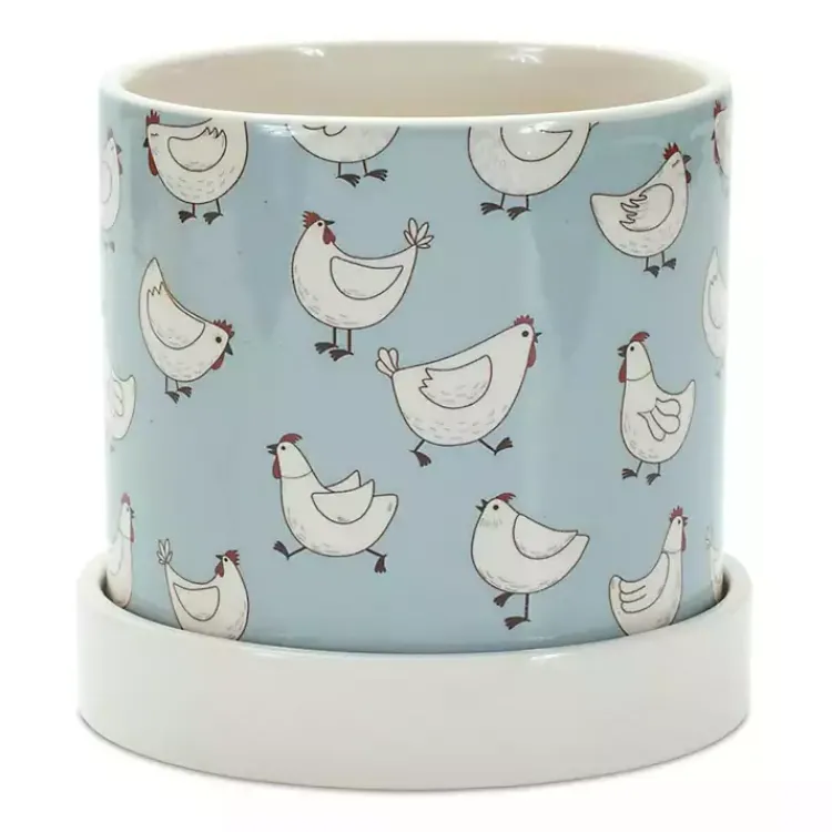 Kirklands Home Planters|Blue Striped and Chicken Decorative Pots, Set of 2