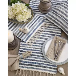 Kirklands Home Table Linens|Blue Striped Chindi Cotton Table Runner