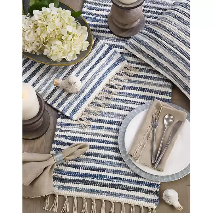 Kirklands Home Table Linens|Blue Striped Chindi Cotton Table Runner