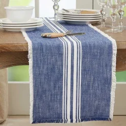 Kirklands Home Table Linens|Blue Striped Fringe Table Runner, 72 in.