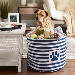 Clearance Blue Striped Paw Large Round Pet Bin Baskets & Boxes