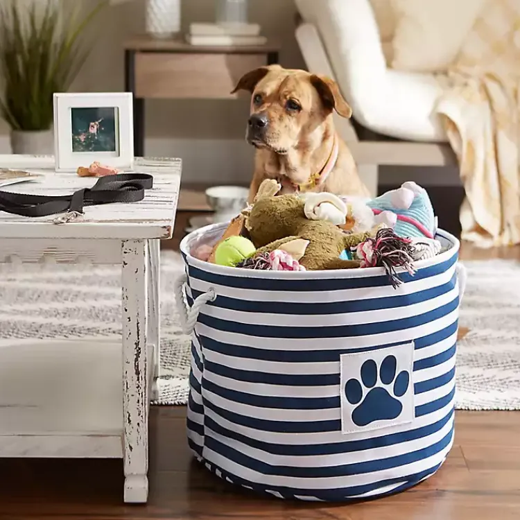 Clearance Blue Striped Paw Large Round Pet Bin Baskets & Boxes