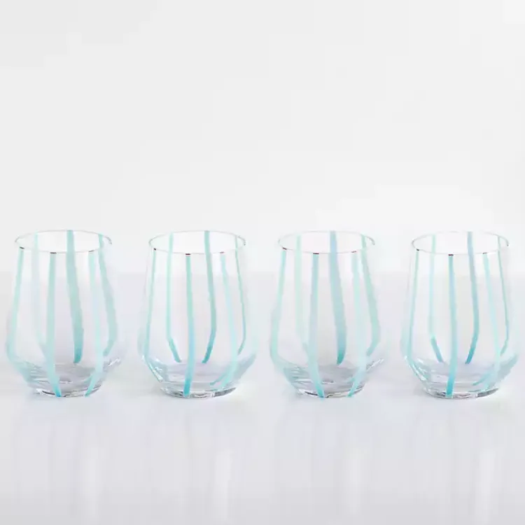 Kirklands Home Glassware & Drinkware|Blue Striped Stemless Wine Glasses, Set of 4