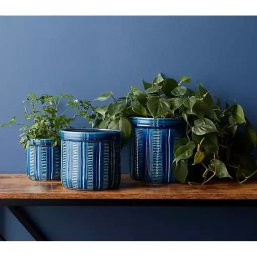 Kirklands Home Planters|Terracotta Abstract Decorative Pots, Set of 3 Blue