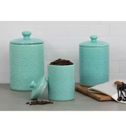Kirklands Home Kitchen Storage|Tide Ceramic Embossed Canisters, Set of 3 Blue