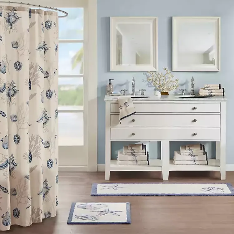Kirklands Home Bathroom Rugs|Blue Tufted Seashell Bath Runner