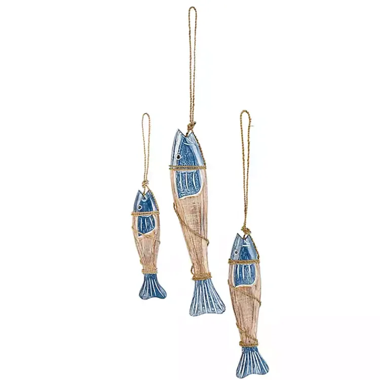 Kirklands Home Wall Plaques|Blue Wood Fish Hanging Wall Plaques, Set of 3