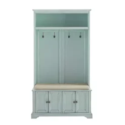 Kirklands Home Entryway Furniture|Wood Hall Tree with Cushioned Bench Blue