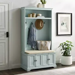 Kirklands Home Entryway Furniture|Wood Hall Tree with Cushioned Bench Blue