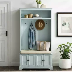 Kirklands Home Entryway Furniture|Wood Hall Tree with Cushioned Bench Blue