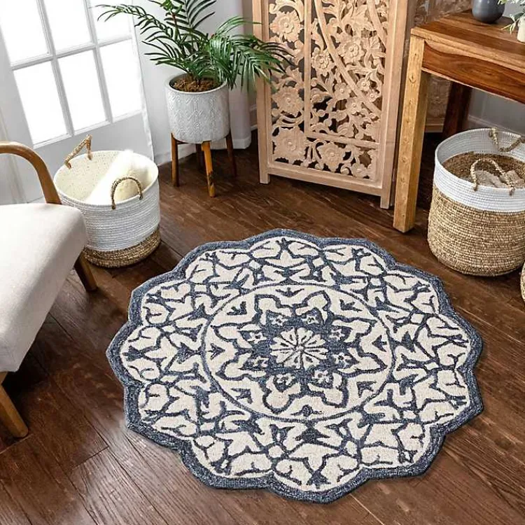 Kirklands Home Area Rugs|Blue Wool Mosaic Medallion Round Area Rug, 3 ft.