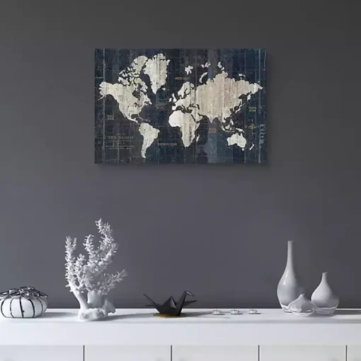 Kirklands Home Framed Art|World Map Canvas Art Print Blue