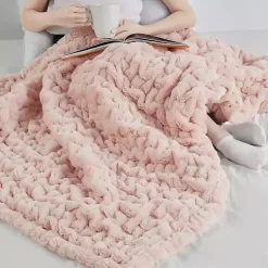 New Blush Ruched Faux Fur Throw Blankets & Throws