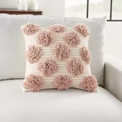 Blush Tufted Pom Poms Throw Pillow Pillows