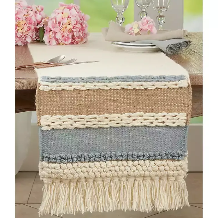 Kirklands Home Table Linens|Boho Blue and Cream Woven Wool Table Runner