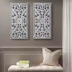 Kirklands Home Wall Plaques|Botanical Wood Carved Panel Wall Plaques, Set of 2 White