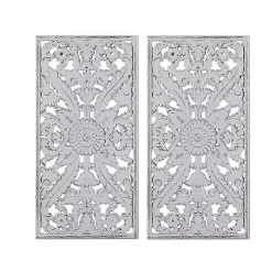 Kirklands Home Wall Plaques|Botanical Wood Carved Panel Wall Plaques, Set of 2 White