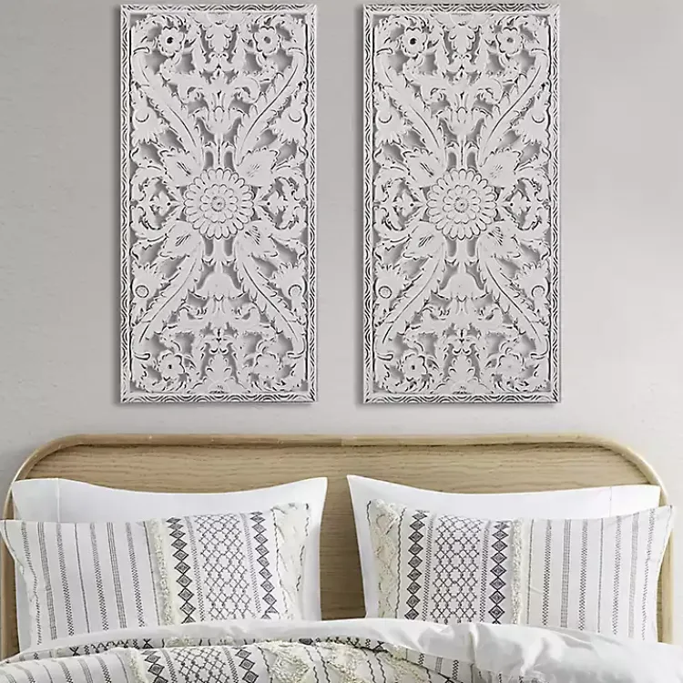 Kirklands Home Wall Plaques|Botanical Wood Carved Panel Wall Plaques, Set of 2 White