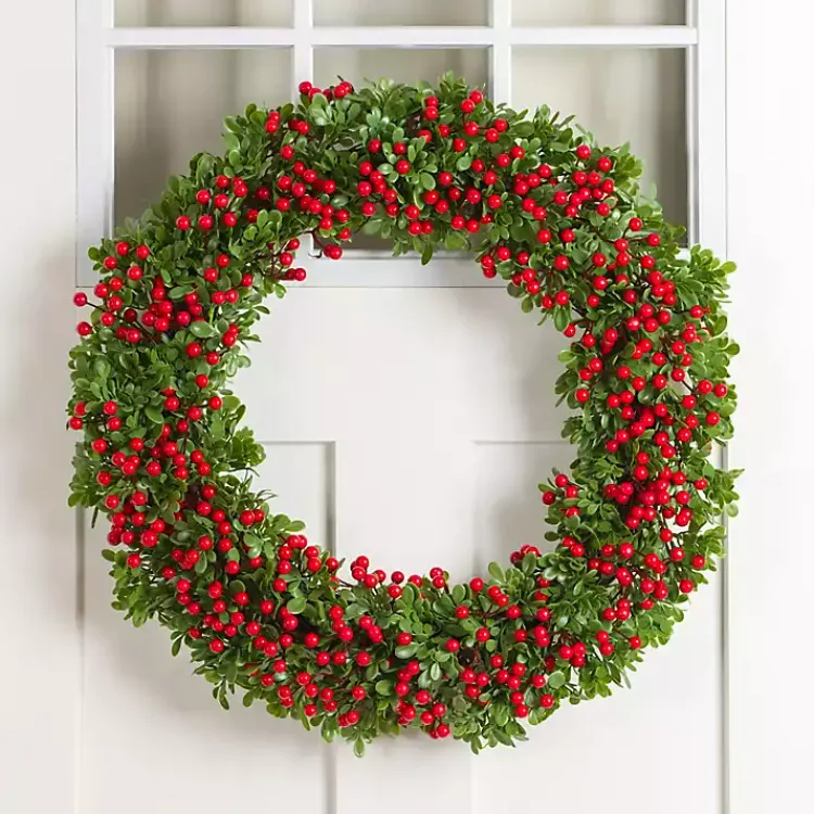 Clearance Boxwood and Red Berry Christmas Wreath Wreaths