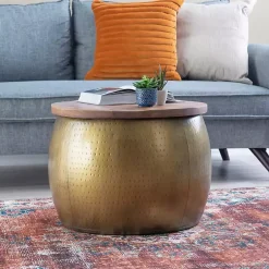 Kirklands Home Coffee Tables|Brass Hammered Drum Storage Coffee Table Brown