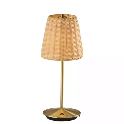 Kirklands Home Outdoor Lighting|Brass Metal Rattan Shade Cordless Table Lamp Gold