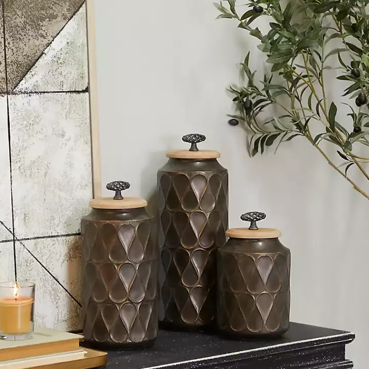 Sale Bronze Metal Lattice Grid Jars, Set of 3 Decorative Bowls & Jars