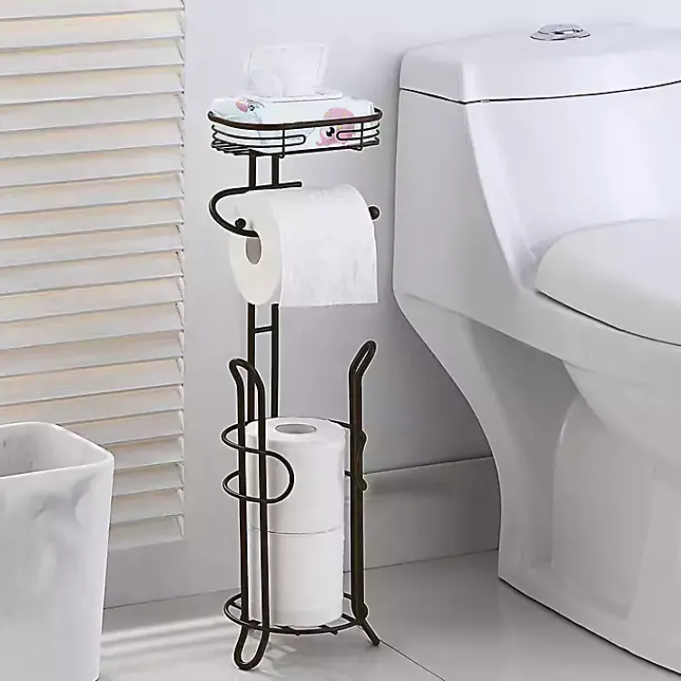 Kirklands Home Bathroom Accessories|Bronze Toilet Paper Storage Stand with Basket Brown