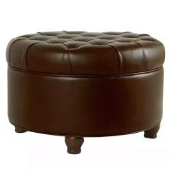 Kirklands Home Benches & Ottomans|Faux Leather Tufted Round Storage Ottoman Brown