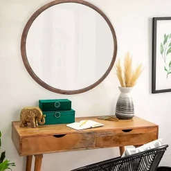 Kirklands Home Decorative Mirrors|Brown Fir Wood Round Wall Mirror